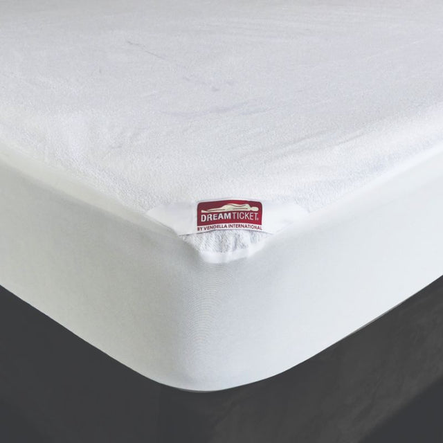 Dreamticket Waterproof Mattress Protector for queen beds, featuring soft terry surface and waterproof backing for optimal comfort.