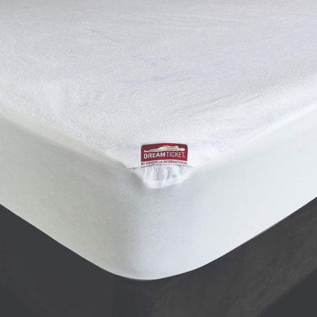 White waterproof mattress protector for single beds, featuring soft terry surface, breathable design, and snug elastic fit.