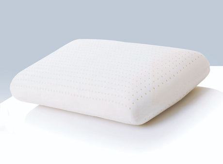 Latex pillow with 1200g core, fine holes for airflow, soft jersey cover; 40x60x14cm, ideal for all sleep positions.