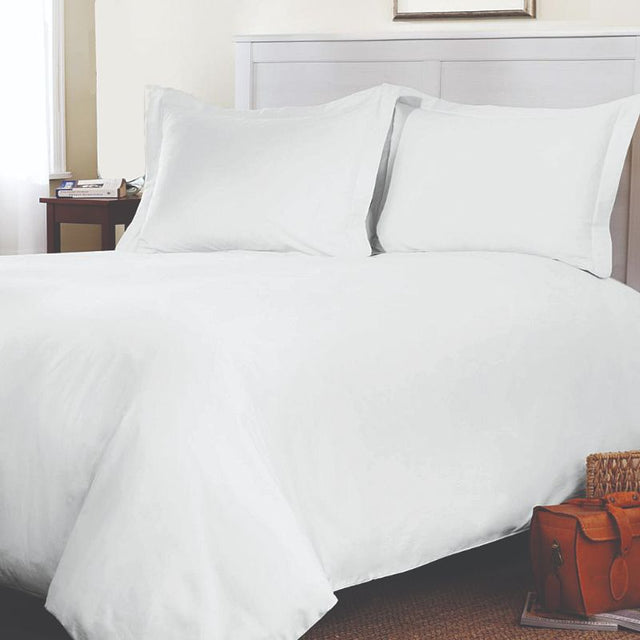 King Single Duvet Cover in white, 220 thread count, crafted from polyester and cotton, features envelope closure and hemmed edges.