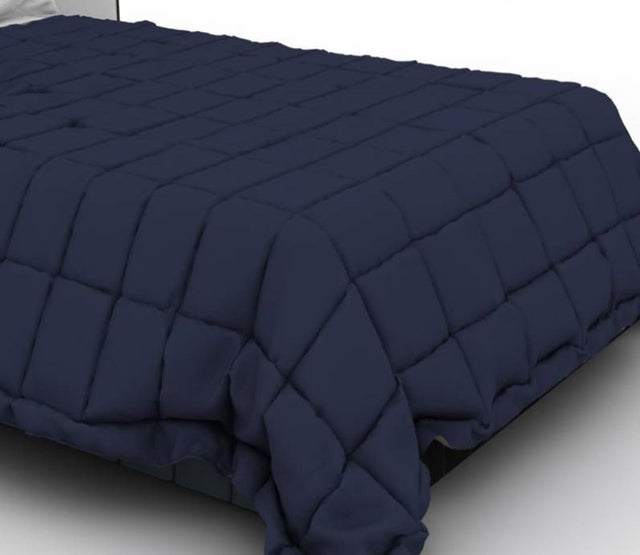 Navy queen-sized blanket with 270gsm polycotton blend and elegant square quilting for year-round comfort and style.