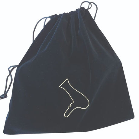 Stylish black velvet bag for hair dryer with drawstring closure for organized storage of styling tools, 39 cm in length.