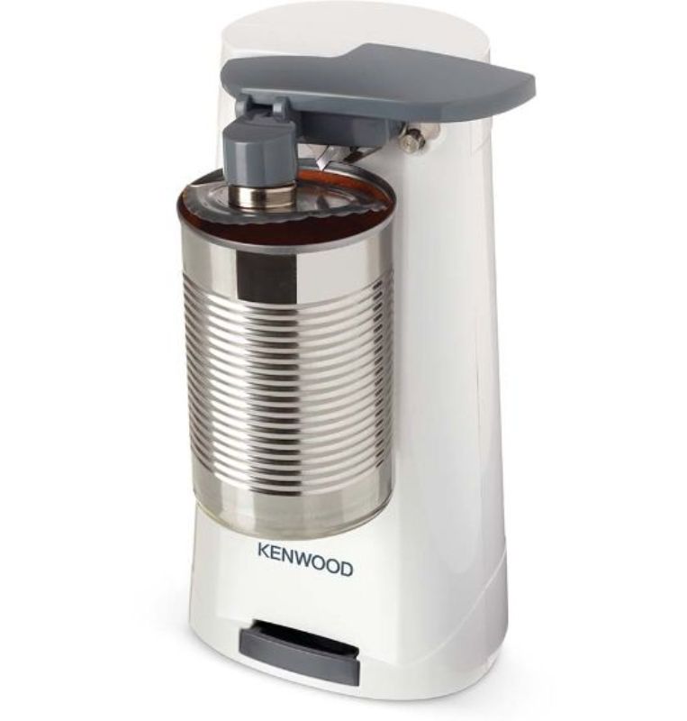 Kenwood Can Opener CAP70AOW, featuring a lid retaining magnet, removable handle, and integrated bottle opener and knife sharpener.