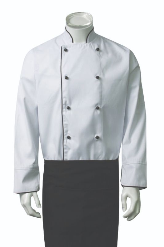 Chef Jacket in white with elegant piping, size XS, crafted for comfort and style in the kitchen.