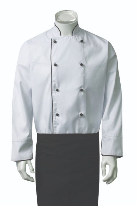 Stylish white chef jacket (XL) with elegant piping, designed for comfort and durability in culinary settings.