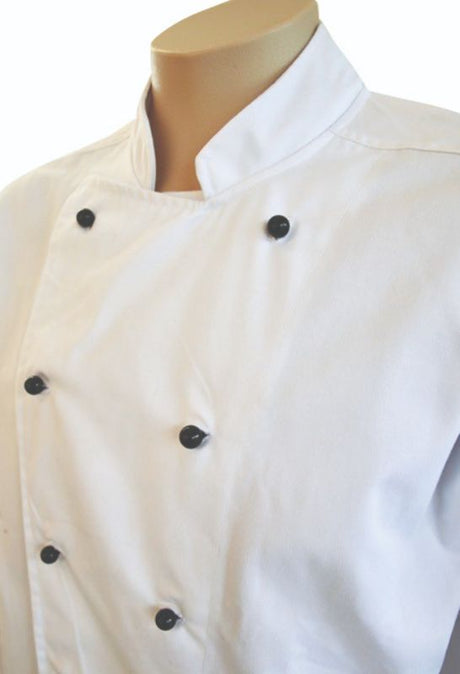 Double-breasted 2XL white chef jacket made from durable, easy-care polycotton, perfect for professional cooking.