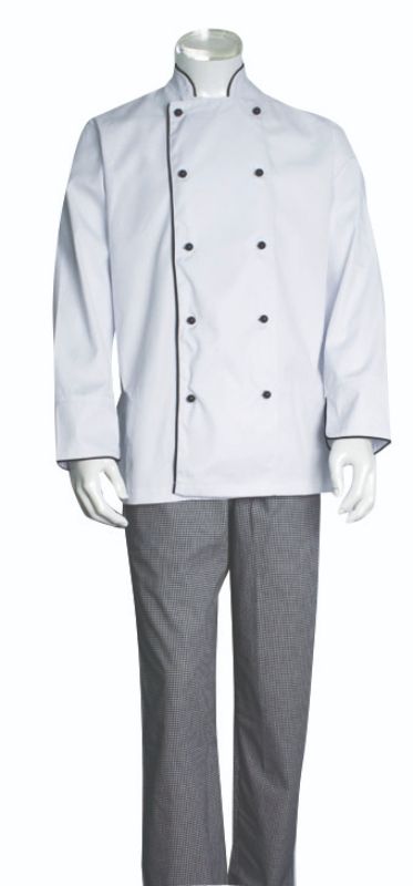 Stylish 2XL black and white chef pants with elastic drawstring waist, stain-resistant fabric, and multiple pockets.