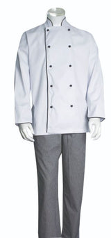 Black/White small chef pants featuring elastic waistband, drawstring, and multiple pockets for culinary convenience.