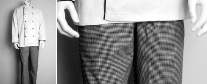 Black and white 3XL chef pants with elastic waistband, spacious pockets, and stain-resistant easy-care fabric for comfort and style.