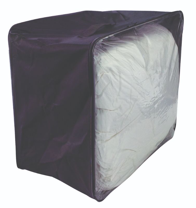 Large bedspread storage bag with breathable fabric, clear sides, and secure zipper; keeps bedding organized and dust-free.