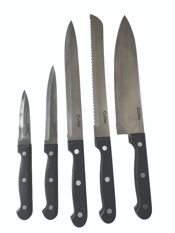 Cutler Cooks Knife with stainless steel blade, full tang, and ergonomic handle, perfect for precise chopping and slicing.