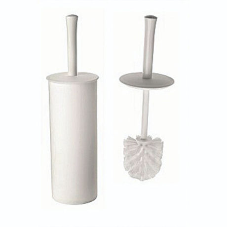 Plastic toilet brush with durable bristles, ergonomic grip, and modern holder for easy storage and effective cleaning.