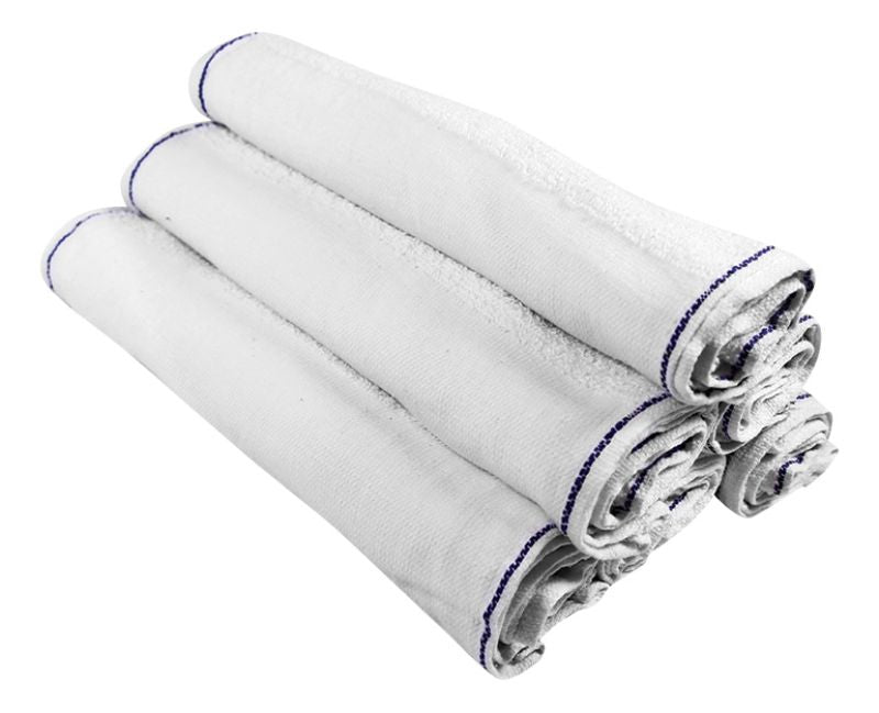 White barbers towel with blue trim, 30 x 65 cm, made from 100% absorbent cotton, perfect for salons and barbershops.