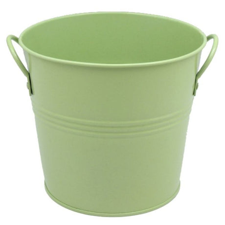 Stylish 15cm avocado metal bucket with two handles, perfect for storage or as a decorative planter.