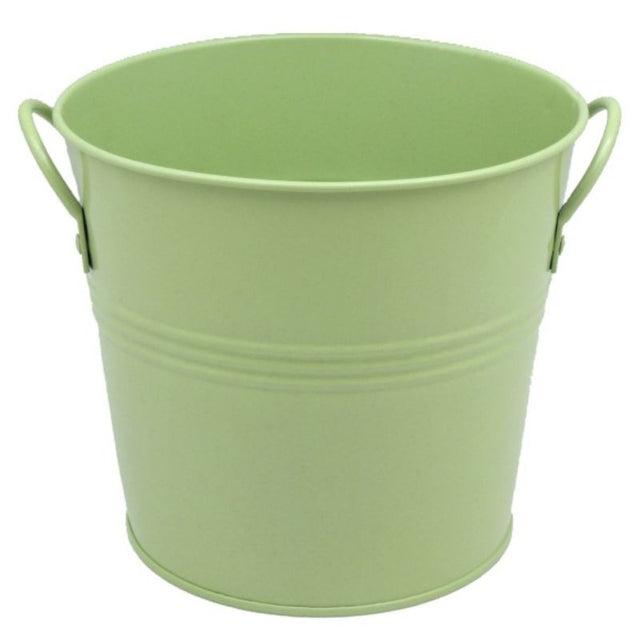 Stylish 15cm avocado metal bucket with two handles, perfect for storage or as a decorative planter.