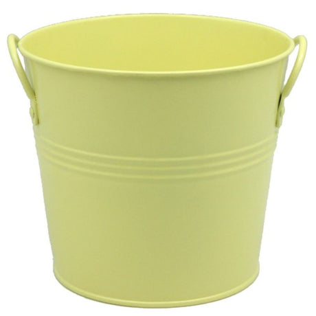 Vibrant lemon-colored metal bucket (15cm), perfect for planting or storage, featuring two sturdy handles.