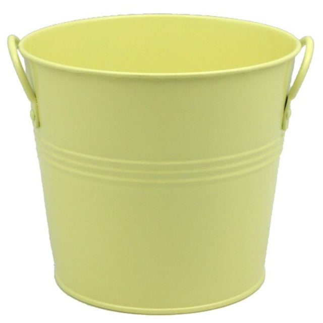 Vibrant lemon-colored metal bucket (15cm), perfect for planting or storage, featuring two sturdy handles.