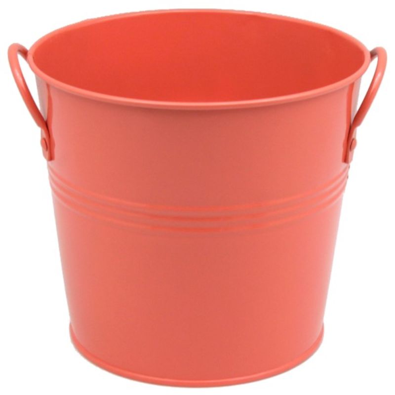 Vibrant coral metal bucket (18cm) with sturdy handles, perfect for storage or decoration in any home.