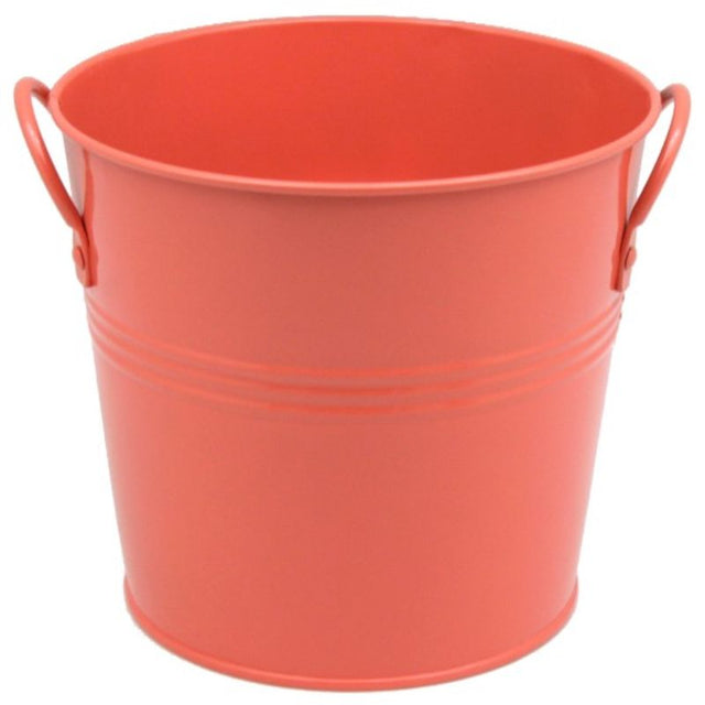 Vibrant coral metal bucket (18cm) with sturdy handles, perfect for storage or decoration in any home.