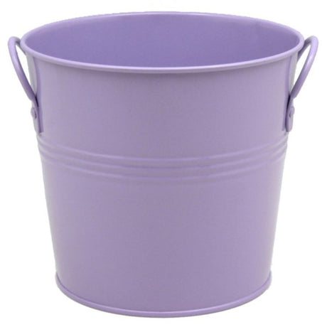 Lavender metal bucket with two handles; 18cm diameter, perfect for storage and decorative use indoors or outdoors.