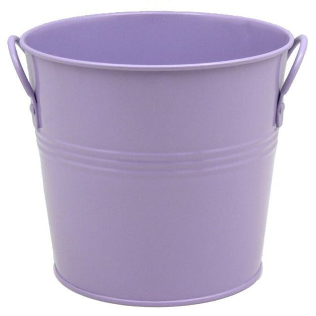 Lavender metal bucket with two handles; 18cm diameter, perfect for storage and decorative use indoors or outdoors.