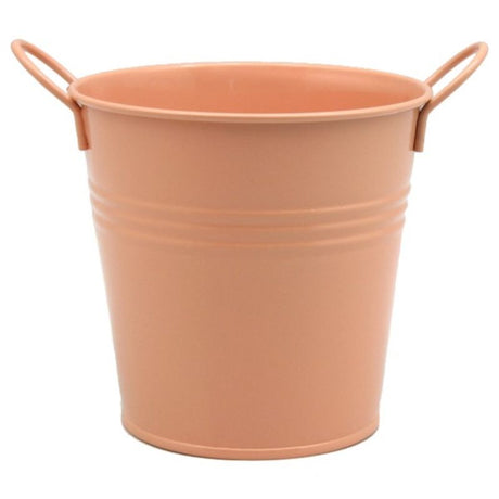 Apricot metal bucket with two handles, perfect for planters or storage, measuring 10.8cm in height and diameter.