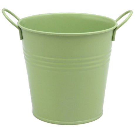 Charming avocado-colored metal bucket (10.8cm) with two handles, perfect for planters or storage solutions.