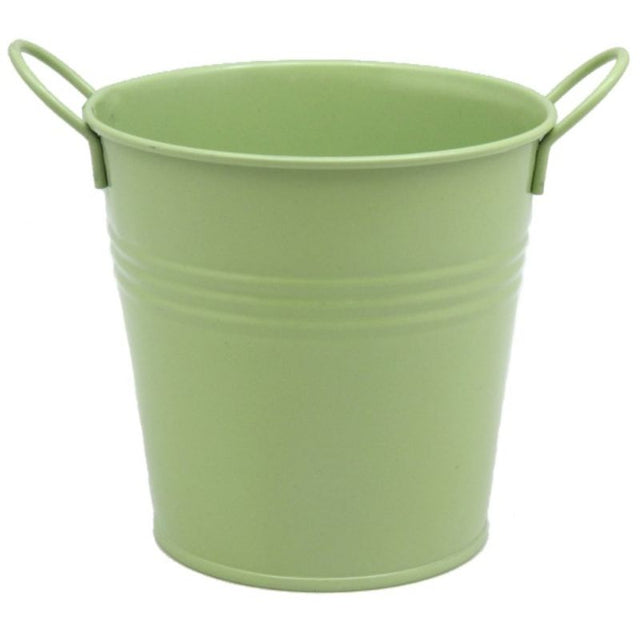Charming avocado-colored metal bucket (10.8cm) with two handles, perfect for planters or storage solutions.