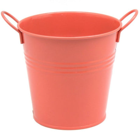 Vibrant coral metal bucket with two handles, 10.8cm, perfect for decor, storage, or as a stylish planter.