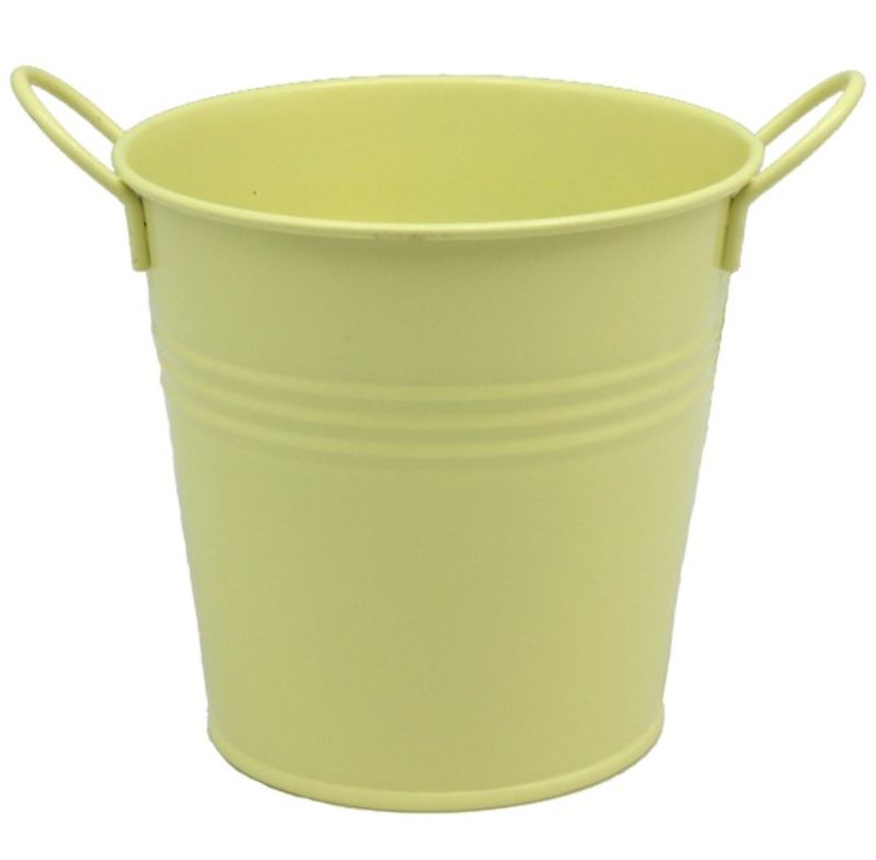 Lemon-colored metal bucket with two handles, 10.8cm tall, perfect for gardening, storage, or decorative use.
