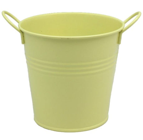 Lemon-colored metal bucket with two handles, 10.8cm tall, perfect for gardening, storage, or decorative use.