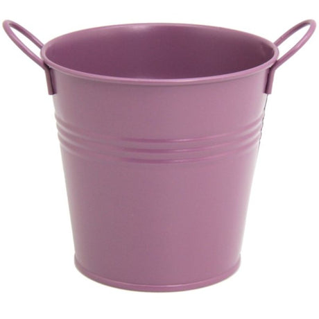 Metal bucket in plum color with two handles, 10.8cm diameter, perfect for planters or decorative storage.