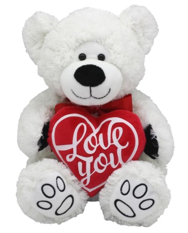 Cuddly white plush bear holding a red heart, 26cm, perfect for gifting love and comfort on special occasions.