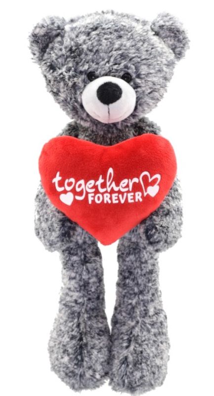 Long legged grey plush bear (35cm) holding a red heart that says 'Together Forever', perfect for cuddles and gifts.