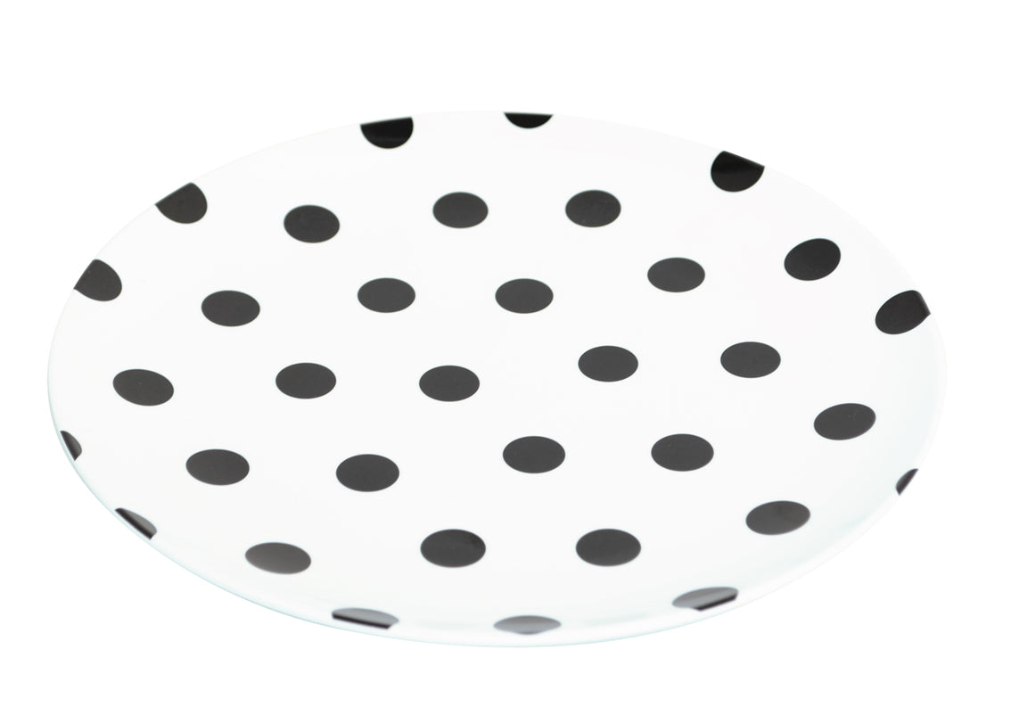 Set of 12 stylish 25cm plates featuring black dots on white, durable melamine, ideal for indoor and outdoor dining.