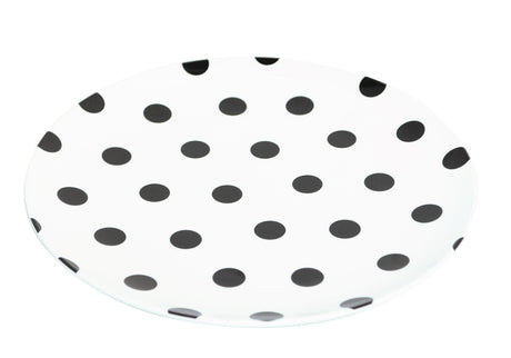 Set of 12 stylish 25cm plates featuring black dots on white, durable melamine, ideal for indoor and outdoor dining.