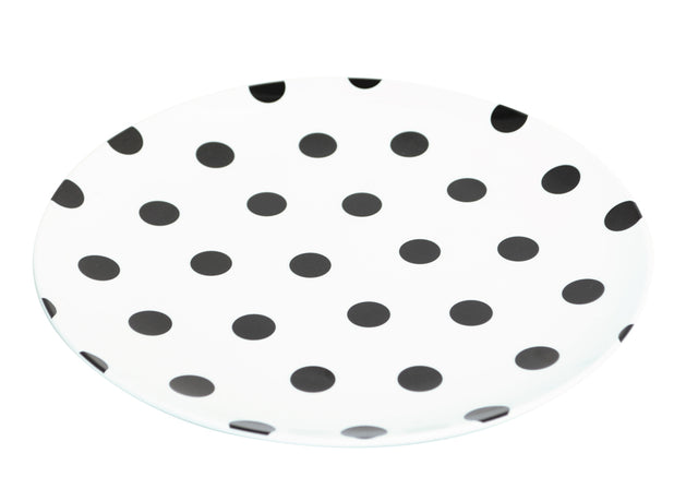 Set of 12 stylish 25cm plates featuring black dots on white, durable melamine, ideal for indoor and outdoor dining.