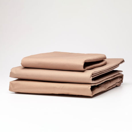 Premium taupe fitted sheet, 220TC, crafted from polyester and combed cotton, designed for comfort, durability, and elegance.