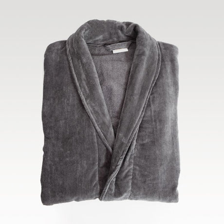 Ultra-soft charcoal bath robe featuring plush velvet and absorbent terry, perfect for cozy comfort after showers.