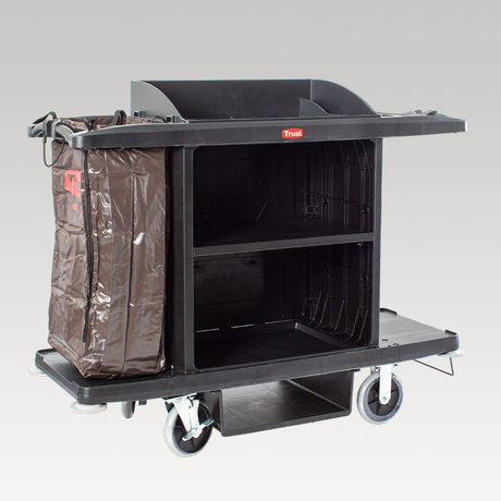 Durable Trust Grandmaid Deluxe Housekeeping Trolley with 20cm wheels, bumpers, and spacious storage for efficient cleaning.