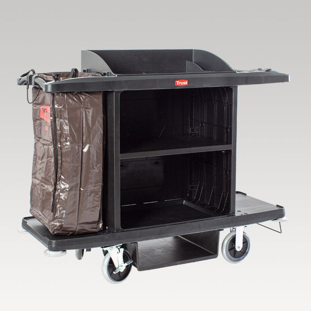 Durable Trust Grandmaid Deluxe Housekeeping Trolley with 20cm wheels, bumpers, and spacious storage for efficient cleaning.