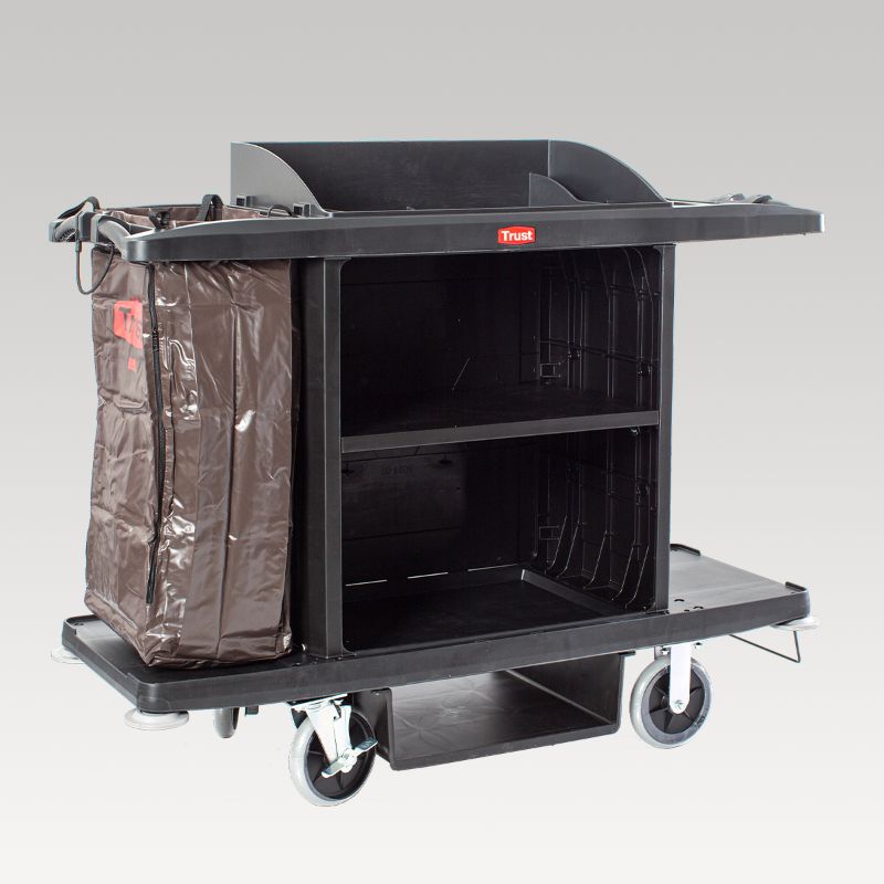 Durable housekeeping trolley with 20cm wheels, bumpers, and ample storage for efficient cleaning in hotels and resorts.