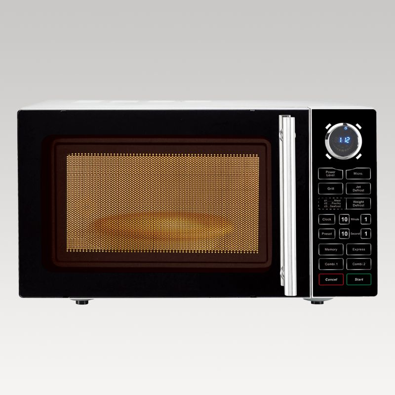 Singer 25L Stainless Steel Microwave Oven with Grill, featuring 900W microwave power, 1000W grill, and child safety lock.