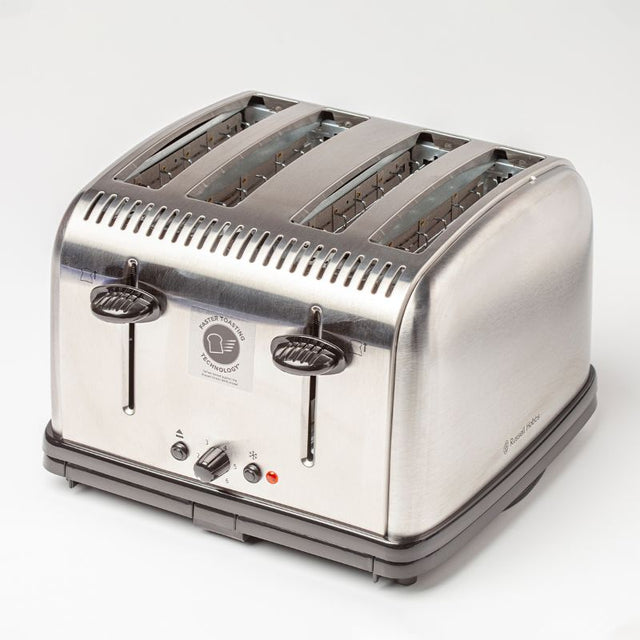 Brushed stainless steel Russell Hobbs 4-slice toaster with wide slots, defrost function, and easy-clean crumb tray.