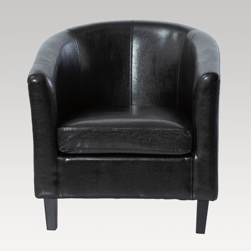 Sleek black PU leather tub chair, stylish and compact, ideal for modern living spaces with durable, easy-to-clean design.