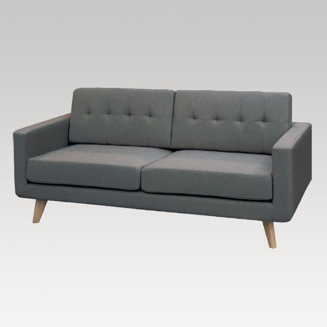 Elegant grey 3-seater sofa with oak legs, showcasing modern Scandinavian design and cozy cushions for ultimate comfort.