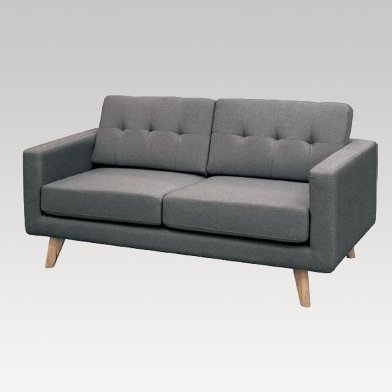 Modern grey 2-seater sofa with oak legs, combining Scandinavian design, comfort, and durability for small spaces.