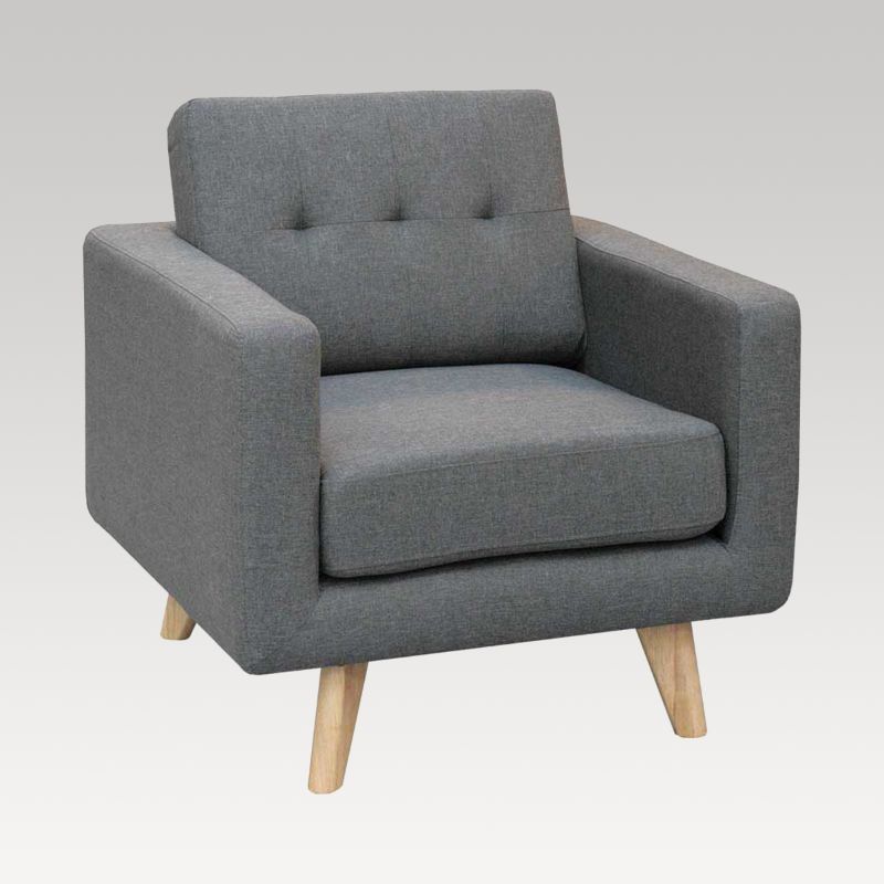 Modern grey Karina single chair with oak legs, showcasing Scandinavian design and comfort for any living space.