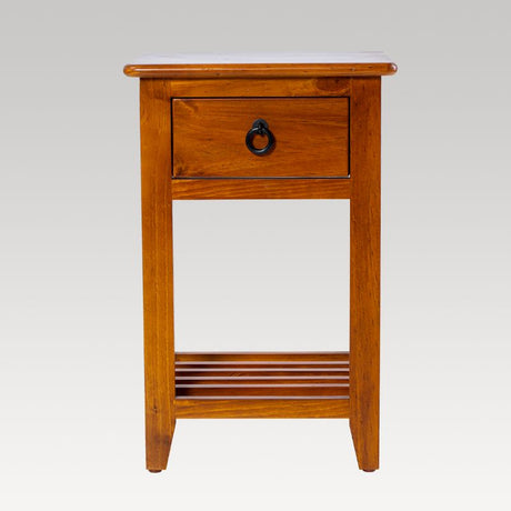 Kendal 1 Drawer Side Table in Rimu stain, compact design with storage, perfect for small spaces and versatile decor.