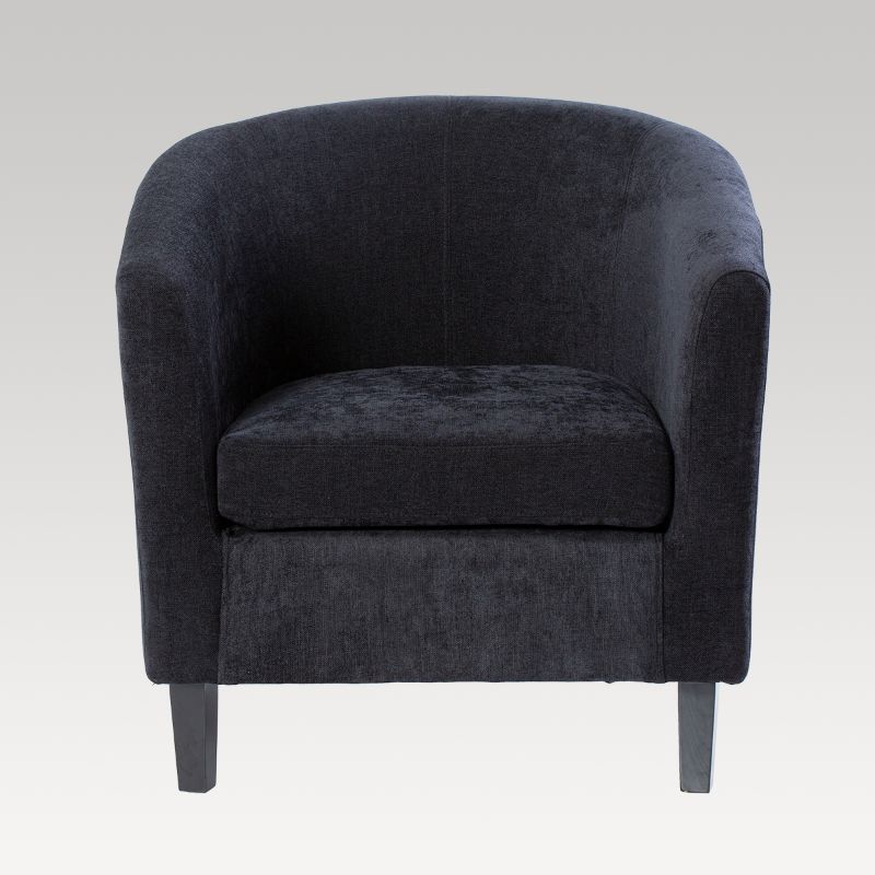 Stylish black tub chair with fabric cover, compact design, perfect for cozy spaces and durable for everyday use.